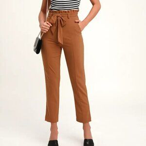 *Hemmed* Lulus Set Your Goals Camel Brown Paper Bag Waist Pants